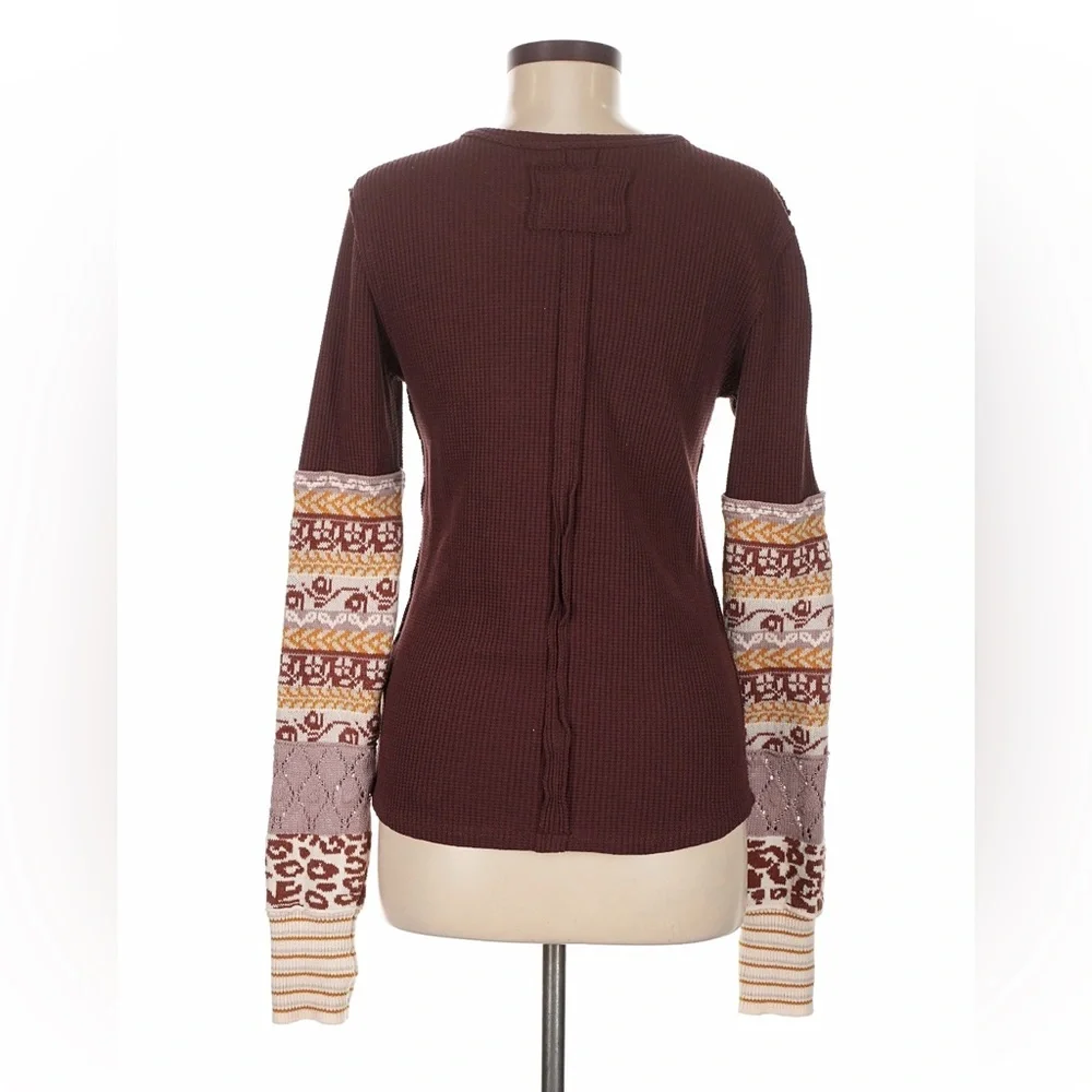 Free People Waffle knit top, Crochet Knitted Sleeves, all in cuff, brown, medium
